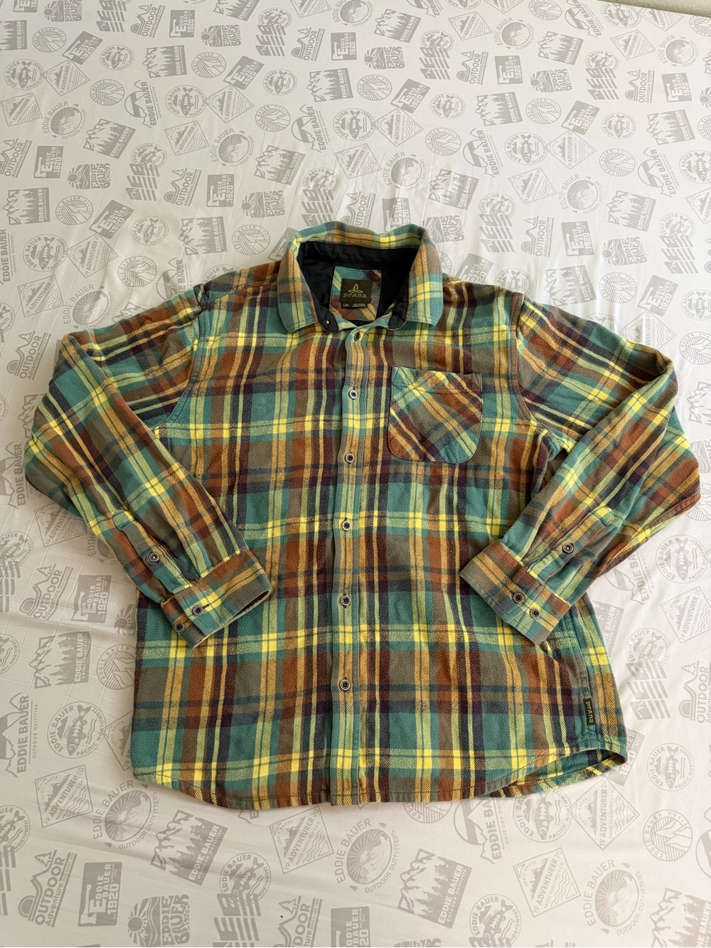 PrAna Jacket Mens Large Multi Color Plaid Flannel Lined Snap Front Outdoor Warm